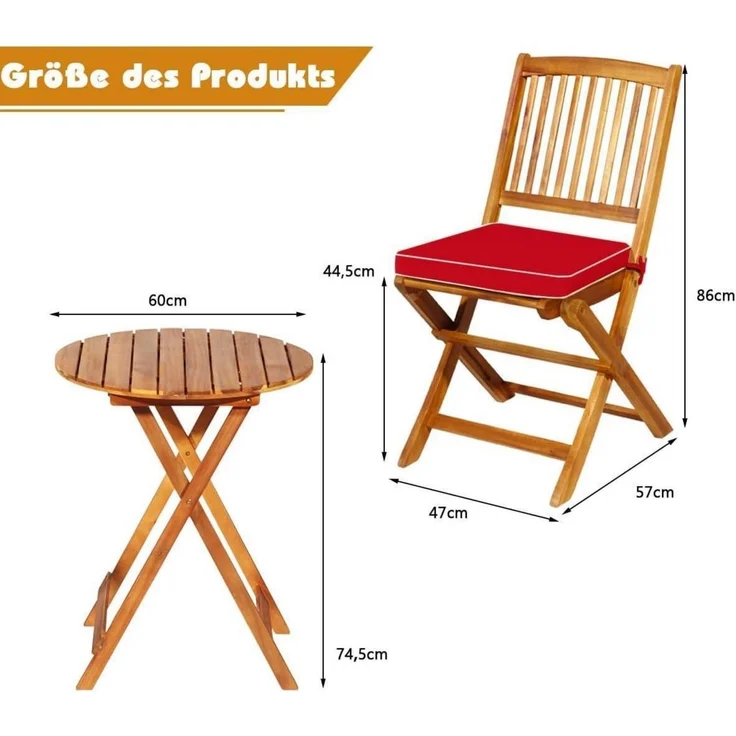 3tlg. Gartenmöbel Set Akazienholz klappbar Rundtisch 2 Stühle Kissen Rot – Bild 6