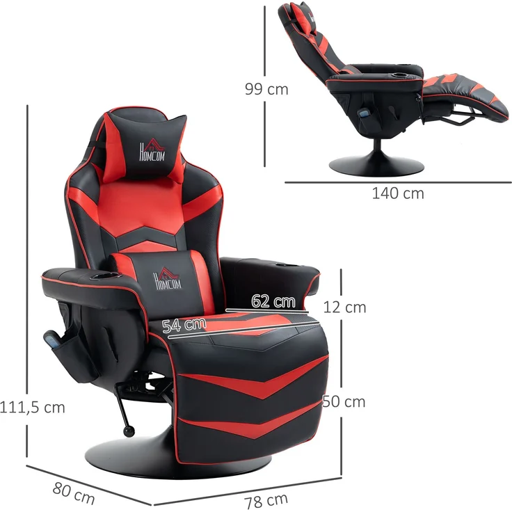 Wohnora-Gamingsessel, Massagefunktion, neigbare Lehne, Fußstütze, bis 120 kg, Stahlrahmen, Kunstleder, Rot,H 1115cm x T 780cm x B 800cm – Bild 4