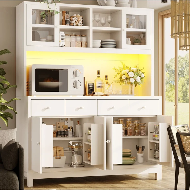 Hochbuffetschrank 140 x 38,5 x 180 cm mit Glastüren, 4 Schubladen und RGB-LED – MDF in Weiß – Bild 1