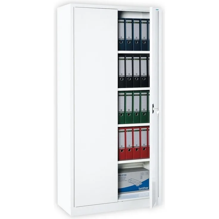 Weißer Flügeltürenschrank komplett montiert Metallschrank abschließbar Lagerschrank Aktenschrank 4 Fachböden 530347 weiß 1950 x 920 x 420 mm