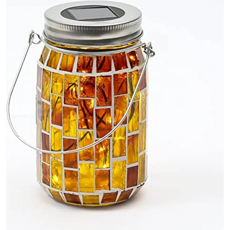 MARELIDA LED Solarleuchte LED Solar Glas Einmachglas mit Mosaik Tischleuchte Lichtsensor gelb, LED Classic, warmweiß (2100K bis 3000K) – Bild 2
