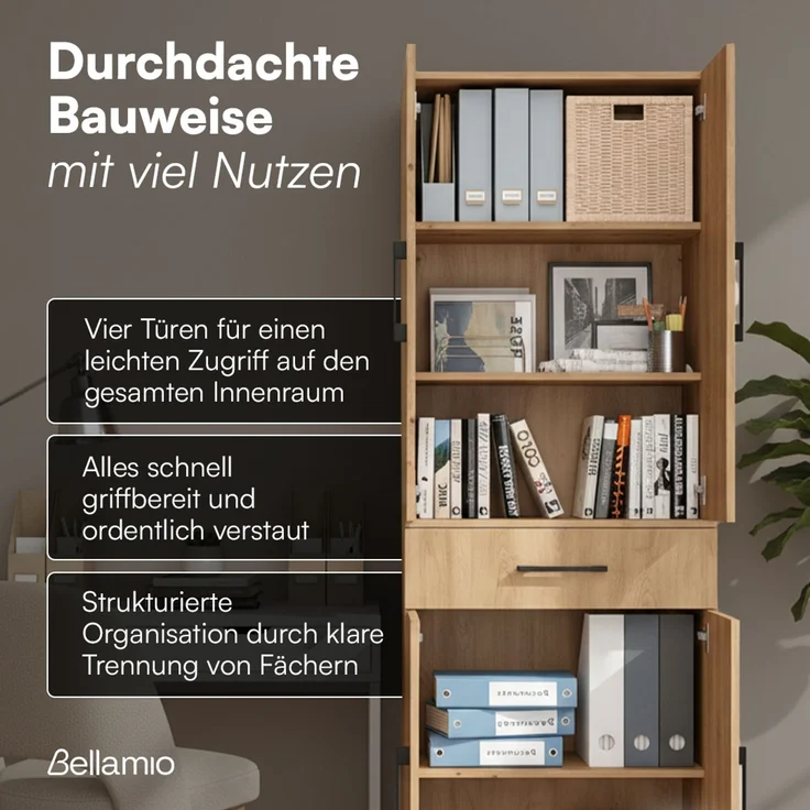 Bellamio 'Apol' Mehrzweckschrank, Eichenoptik, 176x33x60 cm, Aktenschrank mit Schublade und 5 Ablagefächern – Bild 4