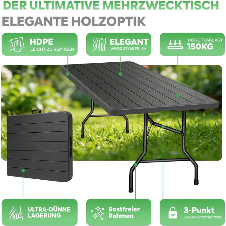 Eiryss Klappbarer Gartentisch 180x74cm, Outdoor Campingtisch für 8 Personen, schwarz mit Holzoptik-Kunststoffplatte, Metallrahmen, belastbar 150kg, 3 Sicherheitsverschlüsse, Buffetstisch für Garten, Balkon – Bild 10