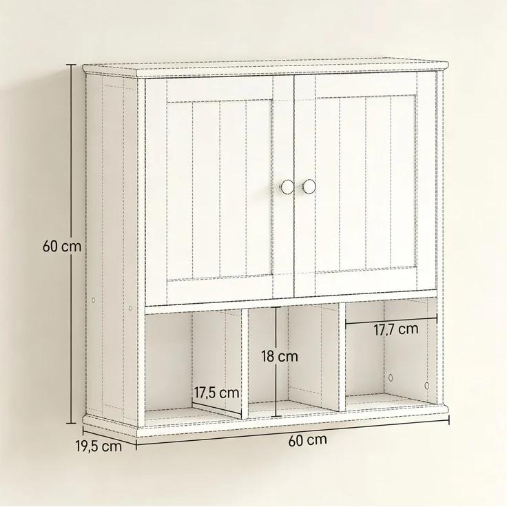 Badezimmer-Wandschrank 60 x 19,5 x 60 cm mit 2 Türen, offenen Fächern und verstellbarem Einlegeboden – Bild 4
