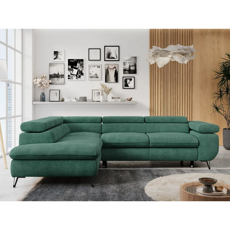 Mks Möbel 'Peter L-form' Ecksofa mit Bettfunktion, Bettkasten & einstellbaren Kopfstützen, Grün, Stoff, links – Bild 4