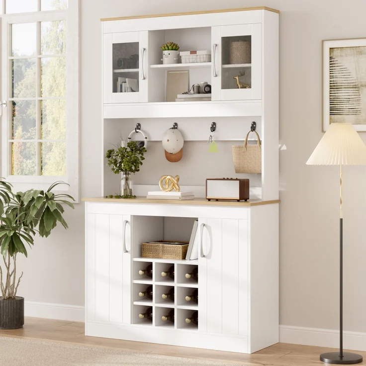 Küchenbuffet Buffetschrank mit Aufsatz 175 cm, Küchenschrank mit Glastüren, Weinregal und Hakenleiste, großer Geschirrschrank Vorratsschrank Küchenschrank für Küche Esszimmer Wohnzimmer--Natur, Weiß--106x39x175cm--YOUDENOVA – Bild 8
