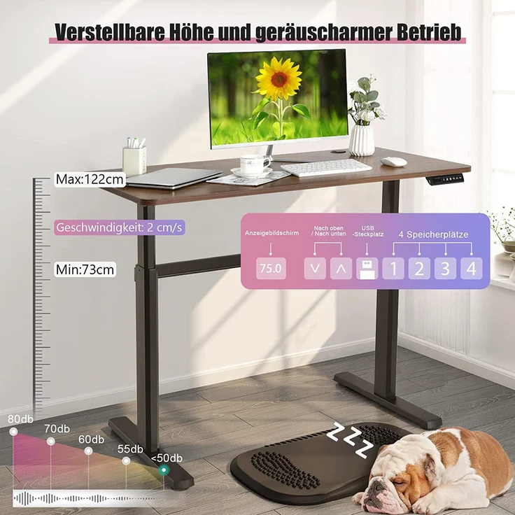COSTWAY Elektrischer Stehschreibtisch h?henverstellbarer Schreibtisch Computertisch mit Memory-Steuerung 120x60x73-122cm Sitz-Steh-Schreibtisch für Zuhause & Büro Braun – Bild 3