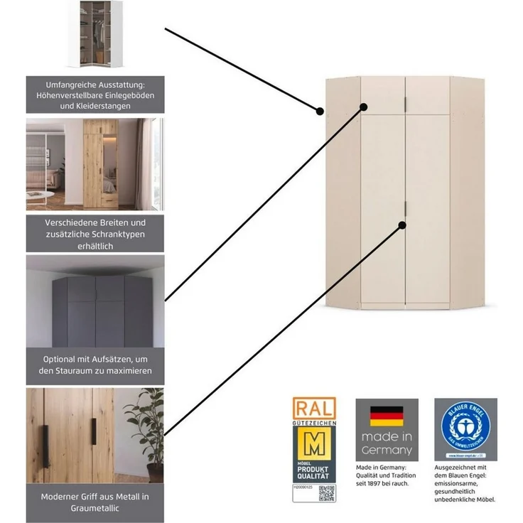 rauch Kleiderschrank Eckschrank Schrank Ankleidezimmer Schlafzimmer Garderobe LAGOA voll ausgestattet viel Stauraum, optional mit Aufsatz MADE IN GERMANY – Bild 3
