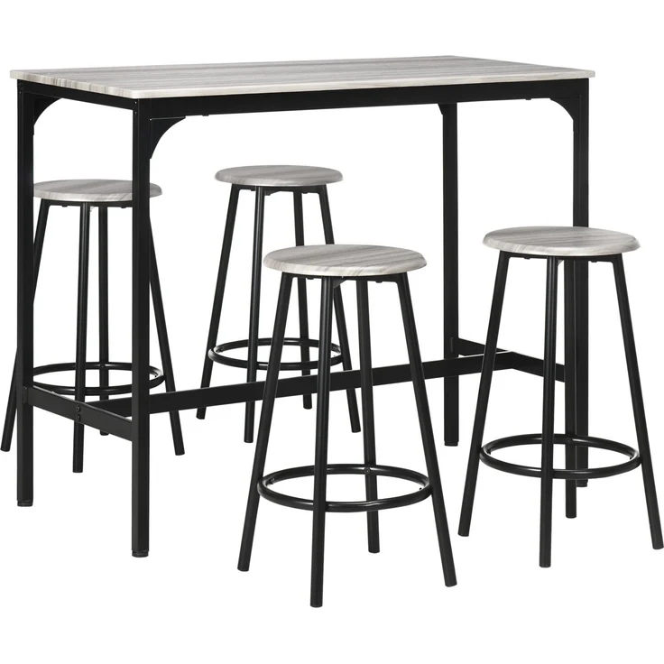 Bartisch mit Barhocker Set, 5-tlg. Bartisch-Set, Küchentisch mit 4 Barhocker, Essgruppe im Industriedesign, für Küche, Esszimmer, Metall, Grau – Bild 1