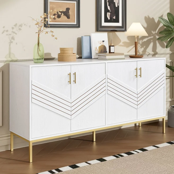 ZUBALIYA Sideboard 160x40x80,5 cm, mit verstellbaren Einlegeböden, mit 4 Türen, aus MDF, Weiß / Holzfarben – Bild 8