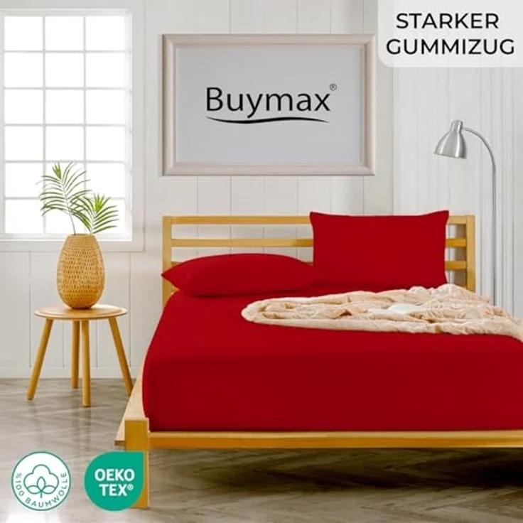 Buymax® Topper Spannbettlaken 140x200 cm Spannbetttuch 100% Baumwolle Jersey für Matratzentopper bis 12 cm Matratzenhöhe Bettlaken für Boxspringbett Topper, Rot – Bild 2