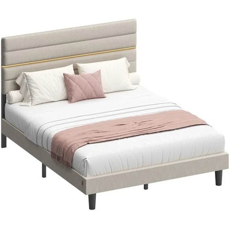 VASAGLE Bettgestell, Doppelbettgestell, passend für 140 x 200 cm Matratze, verstellbares gepolstertes Kopfteil, modern, beige – Bild 1