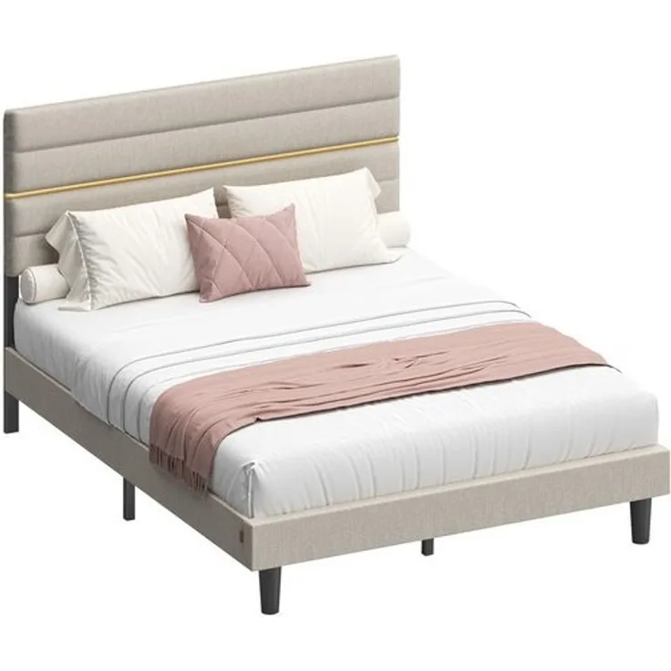 VASAGLE Bettgestell, Doppelbettgestell, passend für 140 x 200 cm Matratze, verstellbares gepolstertes Kopfteil, modern, beige