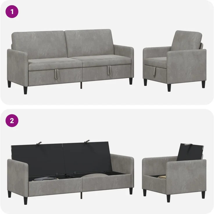 vidaXL Sofa Set mit Stauraum 2 stk. Hellgrau Polyester 3429246 – Bild 7