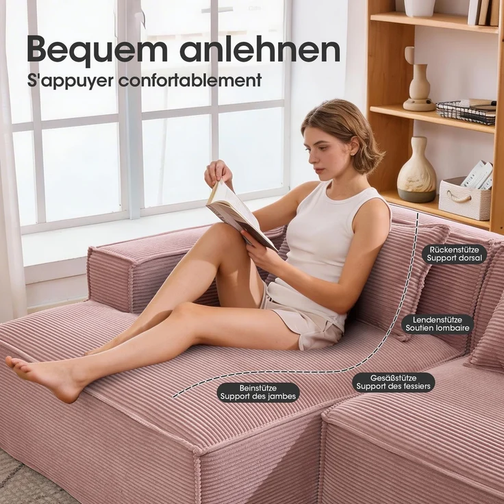 LVHOM Ecksofa 2 Sitzer, Modulares Sofa 235 cm breit, L-Form Sofa mit 2 Kissen, Schlafsofa aus Cordstoff, kein Aufbau erforderlich, Rosa – Bild 5