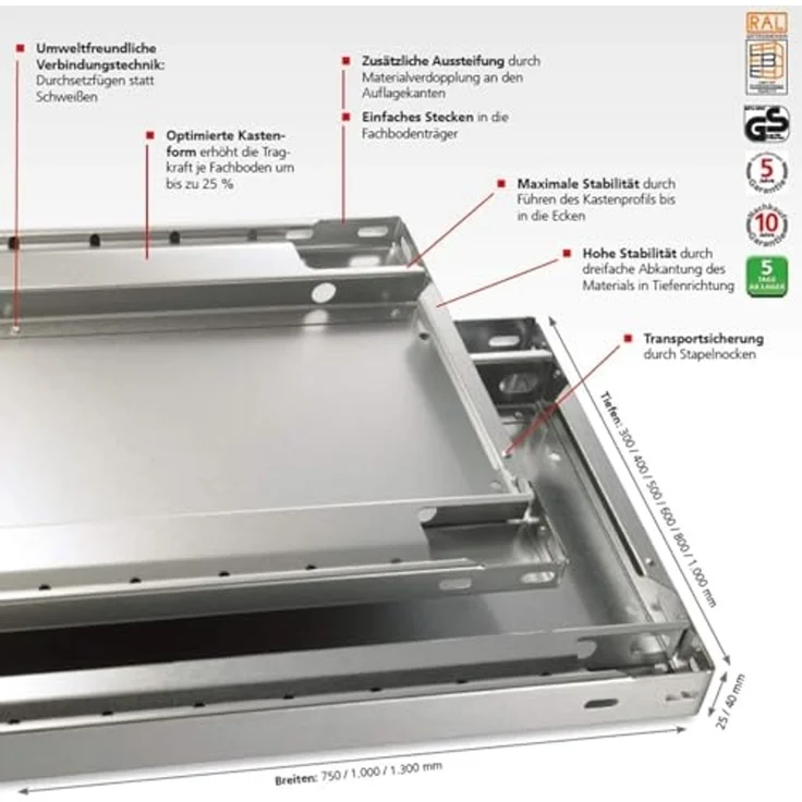 SCHULTE Lagertechnik Anbauregal, Steckregal MULTIplus150-Pack, 2000 x 1000 x 500 mm (HxBxT), 4 Fachböden, Kreuzstrebe, verzinkt – Bild 4