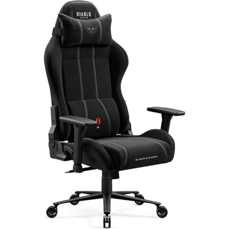 Diablo Gaming Stuhl ergonomisch groß bis 160 kg Stoff atmungsaktiv für große Menschen Drehstuhl mit Lendenstütze Memory Foam Kopfkissen 3D Armlehnen verstellbar bis 140 Grad Burned Black – Bild 1