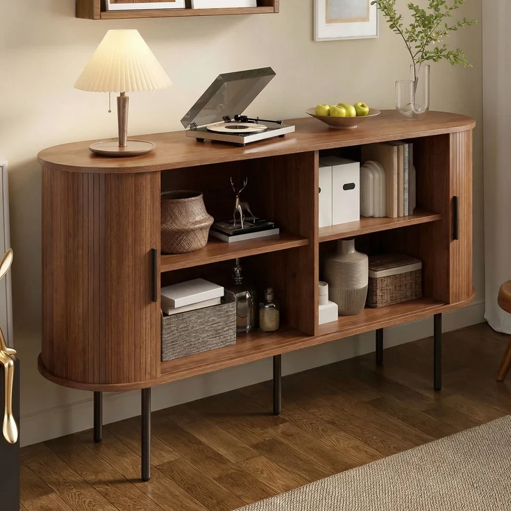Merax Sideboard mit Rolljalousie-Türen, Aluminiumgriffen & Eisenbeinen – Vielseitiger Aufbewahrungsschrank für Wohnzimmer, Esszimmer & moderne Einrichtung – Bild 3