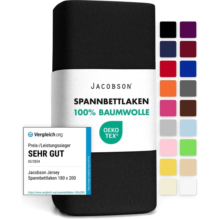 Jacobson Jersey Spannbettlaken Spannbetttuch Baumwolle Bettlaken (120x200-130x200 cm, Schwarz)