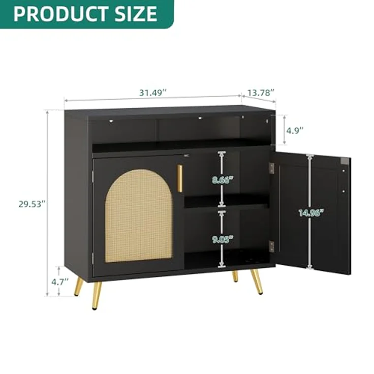 YITAHOME Sideboard mit Rattandekor, Aufbewahrungsschrank, Buffet-Schrank für Esszimmer, Schlafzimmer, Wohnzimmer als Medieneinheit, Küchenschrank-Aufbewahrung, Flur-Konsole, B80 cm × T35 cm × H75 cm – Bild 4