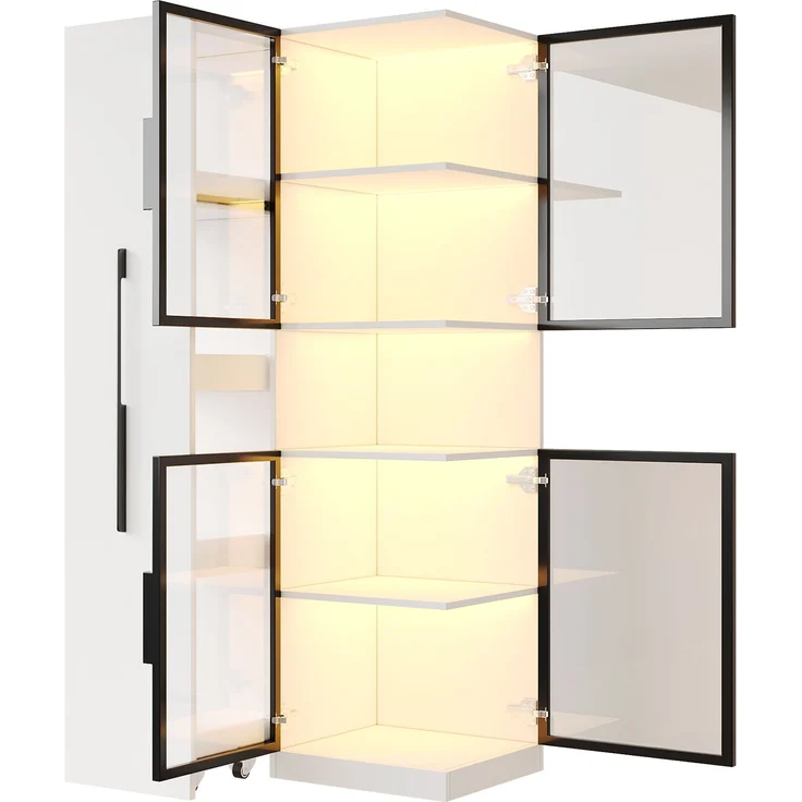 Vitrinenschrank 70×38×160 cm mit Ausziehregal – Doppelglas-Standvitrine LED,Glasvitrine & Aufbewahrung, multifunktionaler Hochschrank für Wohnzimmer, Esszimmer, Küche--Weiß--70x38x160cm--YOUDENOVA – Bild 8