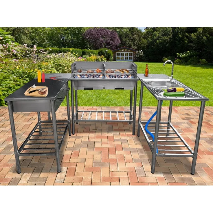 JW Edelstahl Outdoorküche Waschtisch+Grilltisch+Arbeitstisch U-Form