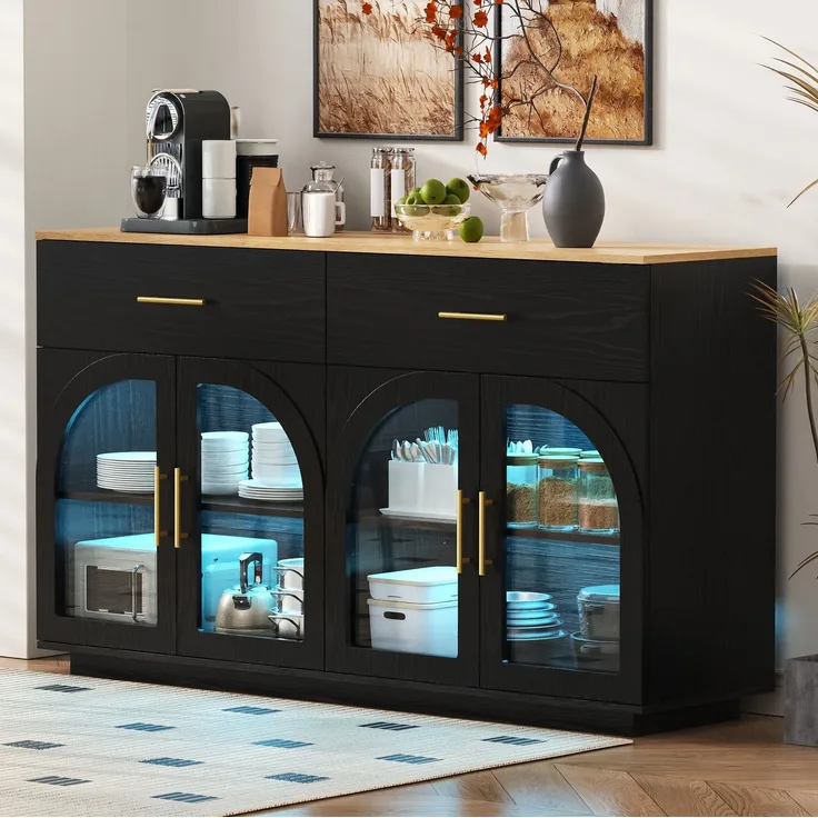 Küchensideboard 147 x 40 x 86 cm mit LED-Beleuchtung, 2 Schubladen und 4 Türen – Schwarz und Natur