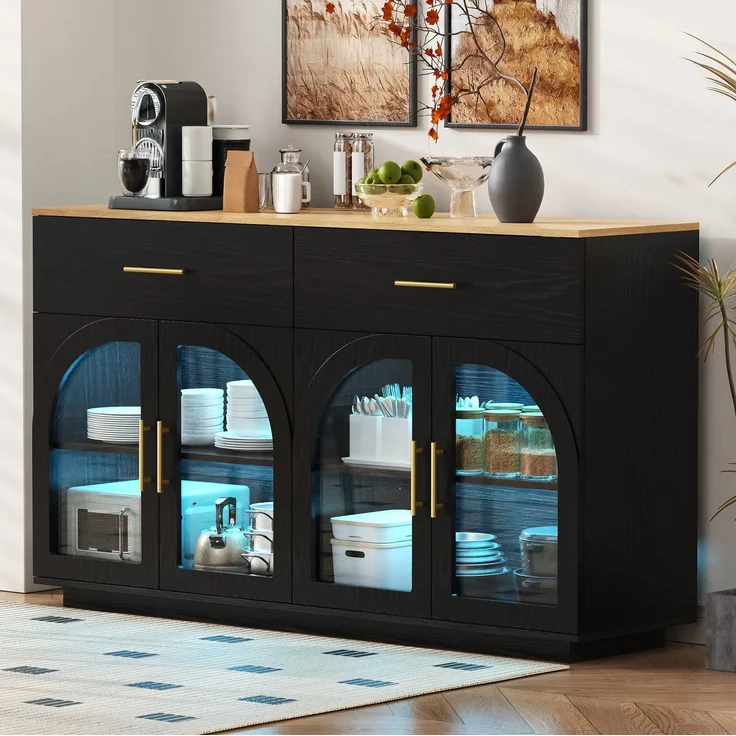 Küchensideboard 147 x 40 x 86 cm mit LED-Beleuchtung, 2 Schubladen und 4 Türen – Schwarz und Natur – Bild 1