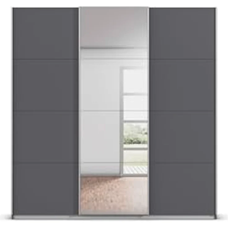 Rauch Möbel Kulmbach, Kleiderschrank mit Schwebetüren für Schlafzimmer, Kinderzimmer, Jugendzimmer, Garderobe, Flur, 3-türig, mit Spiegel, Zubehör Basic, Farbe Grau metallic, Schwarz, Breite 203 cm – Bild 8