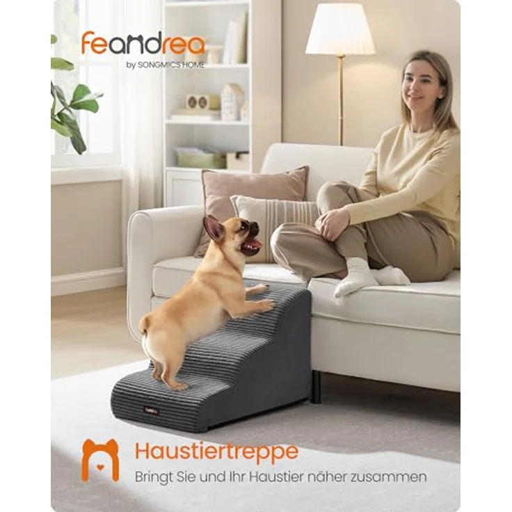 Feandrea Hundetreppe, 3 Stufen, Cord mit Querstreifen, Haustiertreppe, für Bett, Sofa, wasserdicht, rutschfest, geringe Neigung, Abnehmbarer waschbarer Bezug, Griff, schiefergrau PPS003GN01 – Bild 3