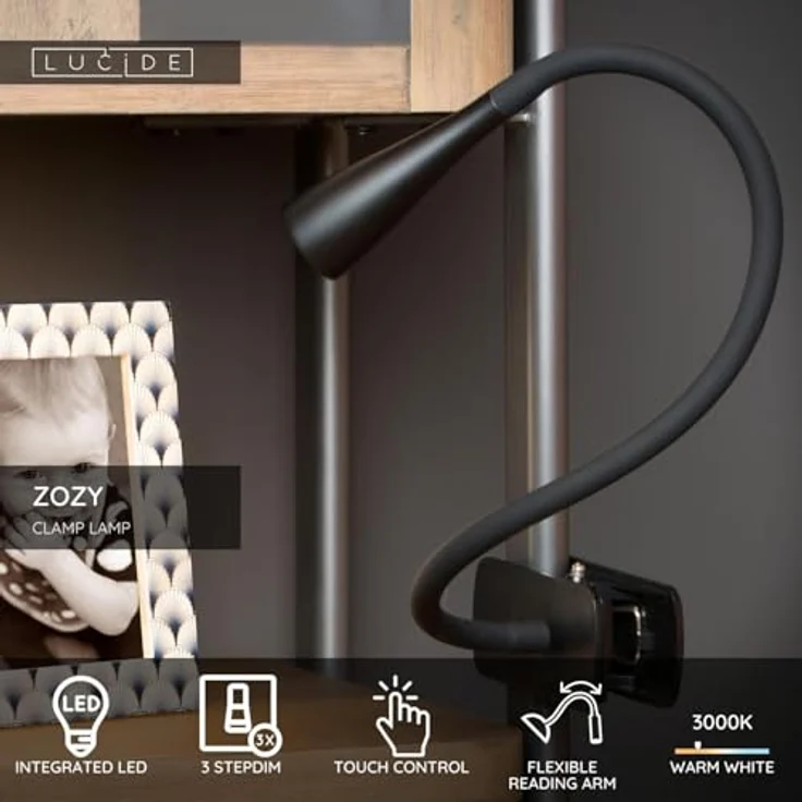 LUCIDE ZOZY Klemmleuchte, LED 3 StepDim 1x4W 3000K, höhenverstellbar, Schwarz – Bild 3