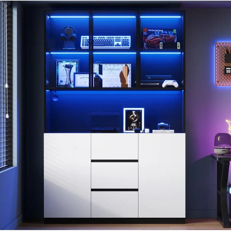 Glasvitrine mit LED-Beleuchtung, 120x40x200 cm, Schwarz, mit offenen Fächern und 3 Schubladen – Bild 4
