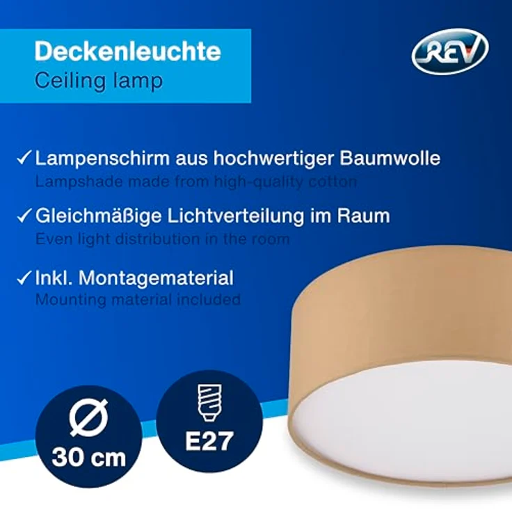 REV Deckenleuchte - Deckenlampe rund 30cm mit Stoff-Lampenschirm im modernen Look – ideal für Schlafzimmer, Wohnzimmer & Kinderzimmer, jute – Bild 3