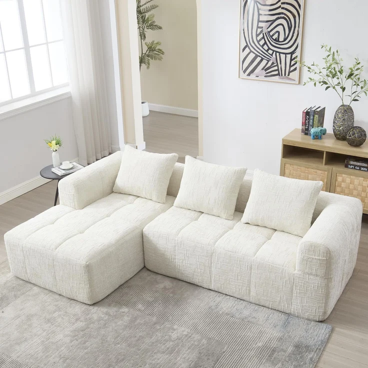 Ball & Cast Boneless Couch, L Couch mit Schlaffunktion, Chenille Modulares Sofa mit Seitentaschen, Montagefrei, Beige, 3 Sitze