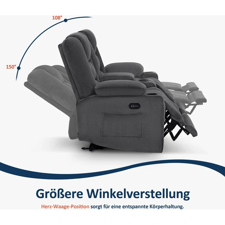 M MCombo Elektrisch 2 Sitzer Sofa mit Schlaffunktion, 2er Relaxsofa mit Taste 150° Verstellbar, Kinosessel mit Liegefunktion, Konsole & USB & Getränkehalter, 7009 (Grau) – Bild 5