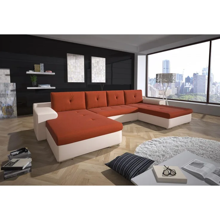 Couchgarnitur FLORENZ U-Form mit Schlaffunktion Weiss / Orange