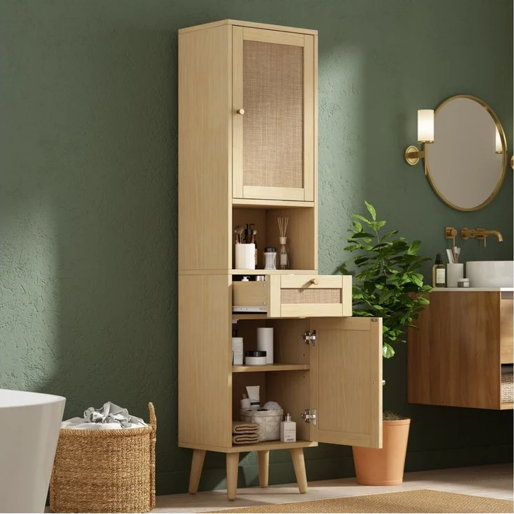 Flieks Badkommode schmal Hochschrank mit Rattan-Türen und Schubladen, Massivholzbeine (Türanschlag rechts oder links wechselbar, 1 St, 40×30×166 cm), Badezimmerschrank Multifunktionsschrank Soft-Close-Funktion Natur – Bild 1
