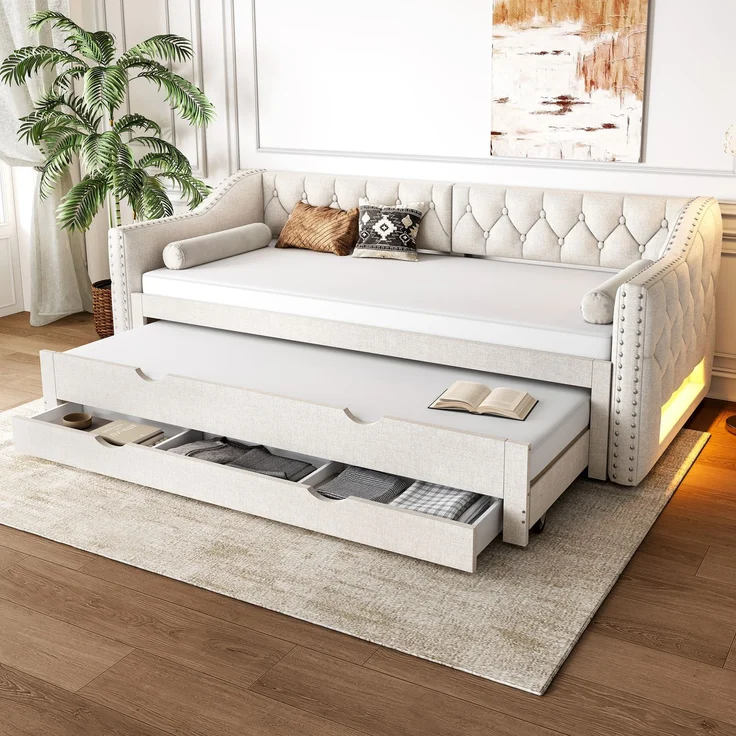 Gepolstertes Tagesbett 90x200 cm mit LED-Licht, Ausziehbett und 3 Schubladen, Beige – Bild 5