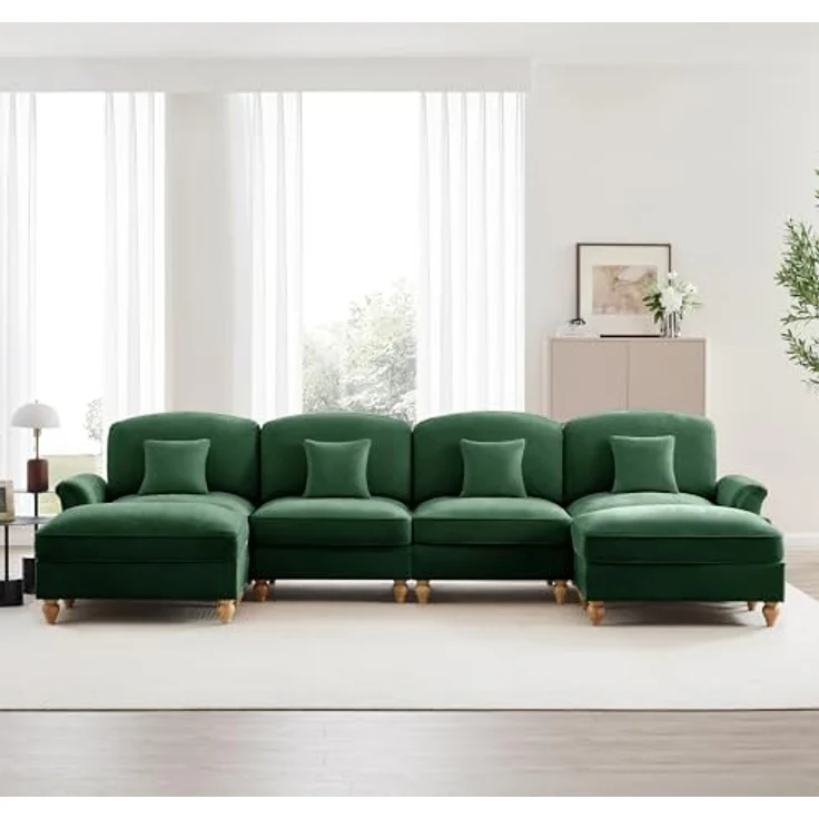 Ball & Cast Sofa Sets, Sofa 2 Sitzer mit Flared Armlehnen, Modulares Sofa mit Abnehmbarem Volant für Wohnzimmer, Grün, 4 Sitze + 2 Hocker – Bild 5