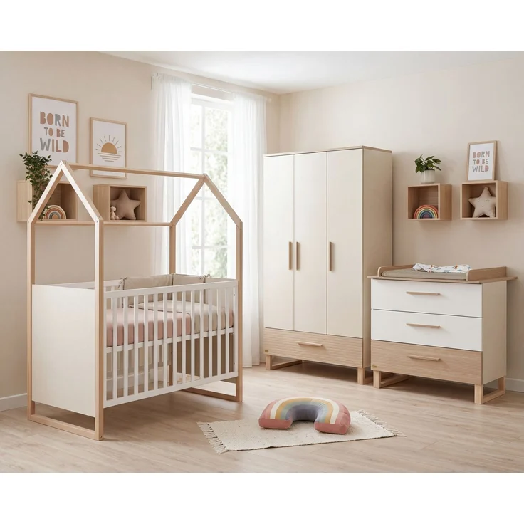 roba Kinderzimmerset Noah - Babyzimmer Set mit Baby- & Beistellbett 60 x 120 cm, Wickelkommode und 3-türigem Kleiderschrank - Weiß & Cashmere – Bild 2