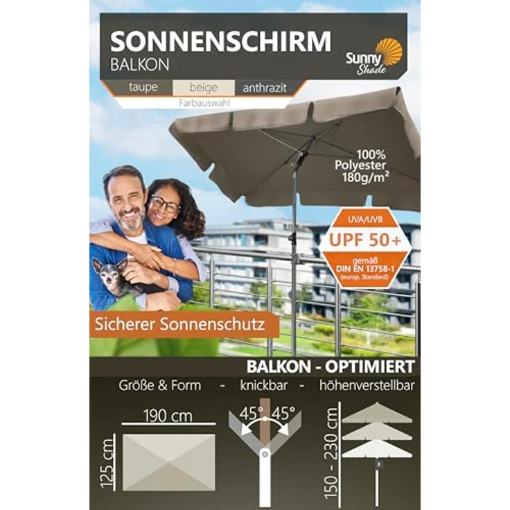 4smile Sonnenschirm Balkon SunnyShade - Sonnenschutz Balkon 3-in-1 SET, Taupe - UPF 50+ Sonnenschirm rechteckig 200x125 cm + Sonnenschirmhalter Balkongeländer + Sonnenschirm-Schutzhülle – Bild 5