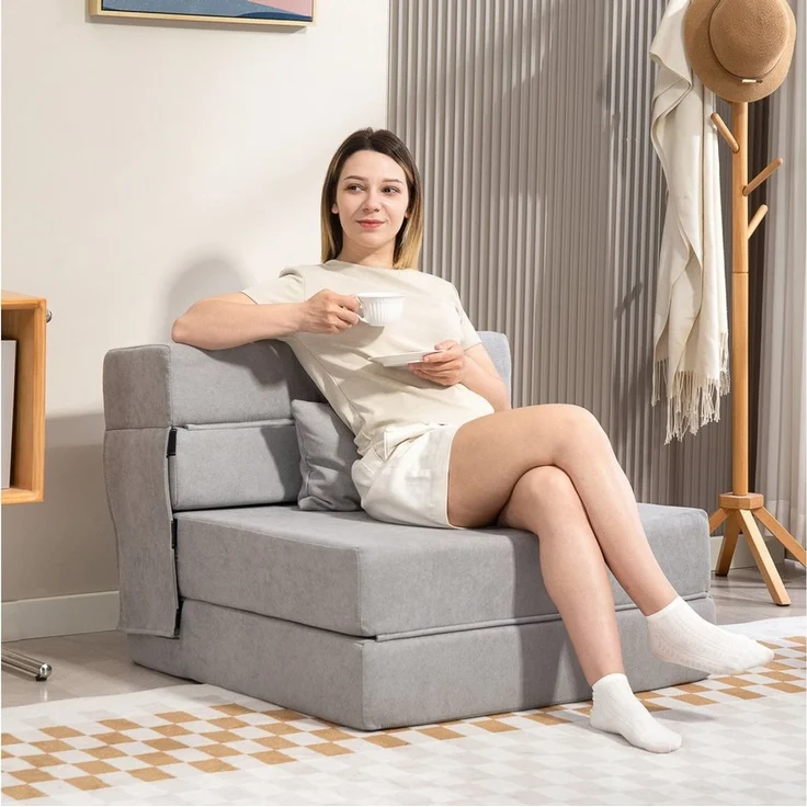 HOMCOM Schlafsofa Klappbar Sessel mit Verstellbarer Rückenlehne Kissen Gästebett, Gästebett 1 Teile, 3-in-1 Schlafsessel, klappbar, platzsparend – Bild 2