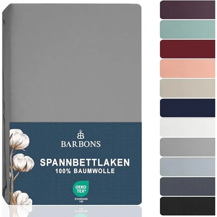 BARBONS Spannbettlaken 90x200 cm - 100% Baumwolle Spannbetttuch Oeko-TEX Zertifiziert Bettlaken Jersey Bettwaren und Bettbezug für Boxspringbett und Dicke Matratzen bis 27 cm - Hellgrau 90x200 – Bild 2