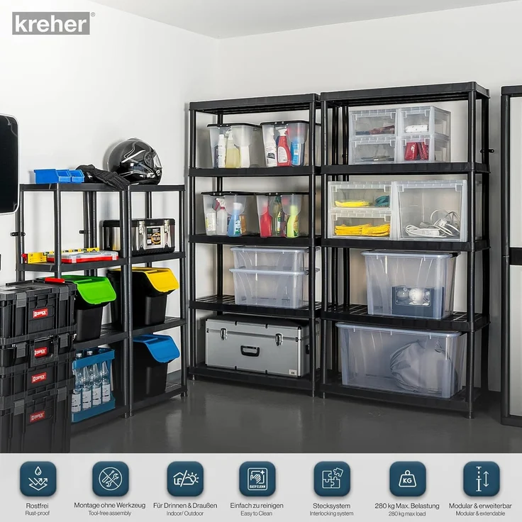 KREHER Kunststoff Steckregal 18" mit 4 Böden und hoher Tragkraft in Schwarz – Bild 6