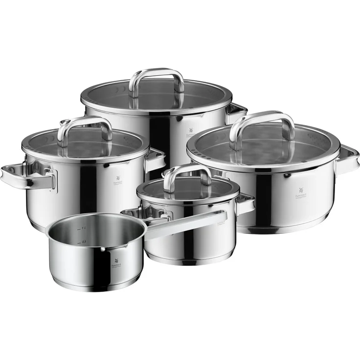 WMF Topf-Set Function 4 Advanced, Cromargan® Edelstahl rostfrei 18/10 (Vorteils-Set, 1xBratentopf mit Deckel, 3xFleischtopf mit Deckel, 1x Stielkasserolle), Glasdeckel mit 4 Abgießfunktionen – Bild 1