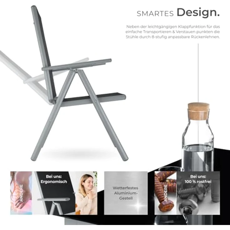 tectake® Sitzgarnitur Aluminium Klappstühle, Lounge Set mit 6X Stühle und 1x Glastisch Esstisch, Gartenmöbel Set wetterfest für den Balkon, Gartenstühle, Terrassenmöbel, Liegestuhl - Silber – Bild 4