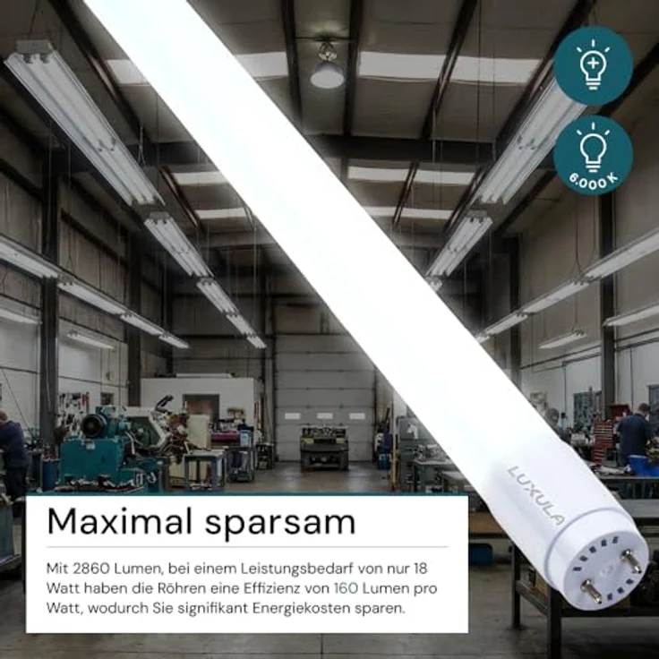 LUXULA LED Röhre 120cm T8 G13, 18W 2880lm Kaltweiß 6000K, bruchsicher und blendfrei, inkl. Starter-Brücke – Bild 3