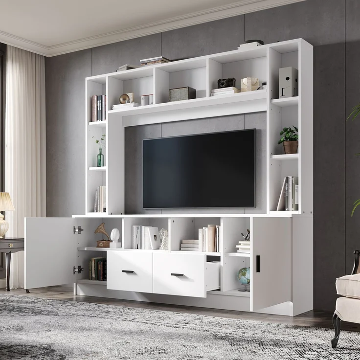 180*35*170cm TV Wohnwand-set mit Vitrine,Mediawand inkl. TV-Board-set und Regal,TV Wohnzimmermöbel-Set mit 2 Schränke, 2 Schubladen , 11 Staufächer, Anbauwand, Wohnzimmerwand, TV bis 60',Weiß--Weiß--180x35x170cm--YOUDENOVA – Bild 5