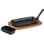 BURNHARD Fajita-Pfanne aus Gusseisen mit Servierbrett aus Akazienholz & Dipschale 28,8 x 17,5 x 3 cm - schwarz - #946107