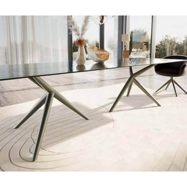 Esstisch Edge 300x100 Reliefglas Rauchschwarz 3D-Design Estelar rund Metall Effektfinish Titan – Bild 6